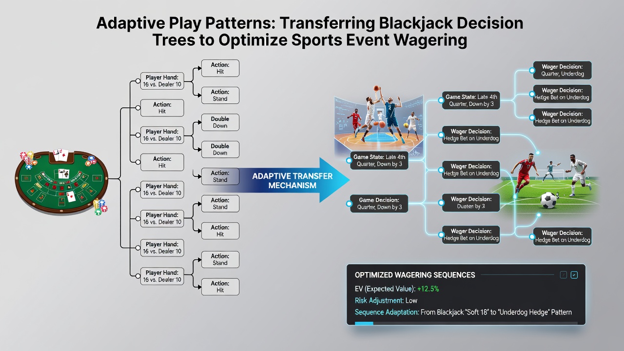 Sports bettor reviewing sequential wagering patterns on a digital interface with decision tree overlays