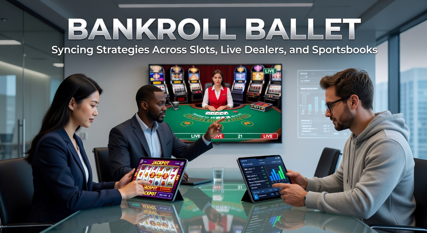Vibrant illustration depicting a dancer balancing slots reels, dealer cards, and sportsbook odds on a tightrope, symbolizing synchronized bankroll management