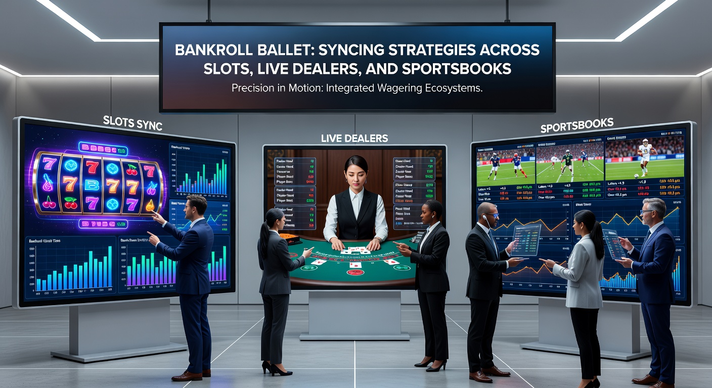 Detailed chart illustrating bankroll allocation pie divided into slots (40%), live dealers (30%), and sportsbooks (30%), with arrows showing fluid transfers between segments