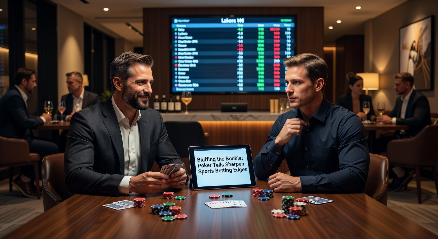 Poker player analyzing opponents at a table while sports betting odds flicker on a screen nearby