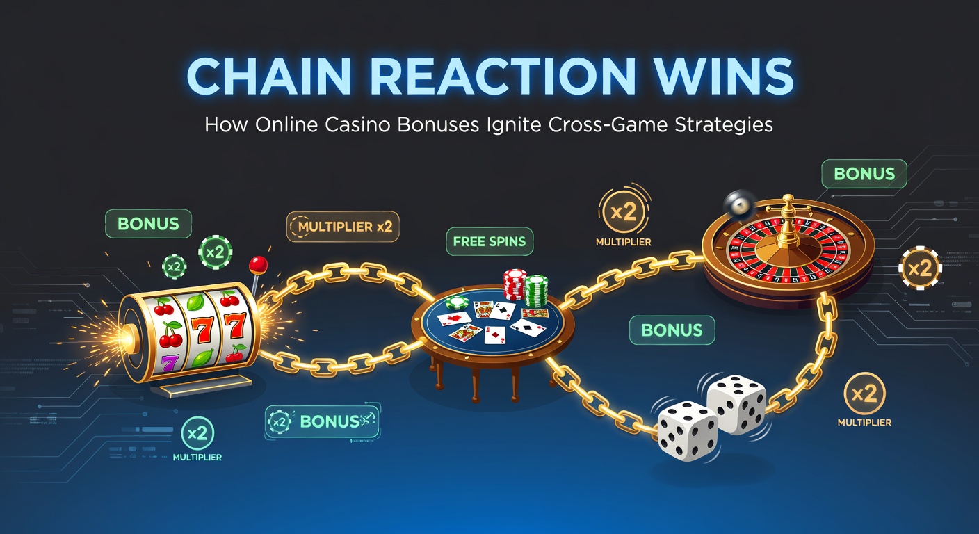 Dynamic graphic showing cascading bonus credits flowing from slot machines to table games and sportsbooks in an online casino interface
