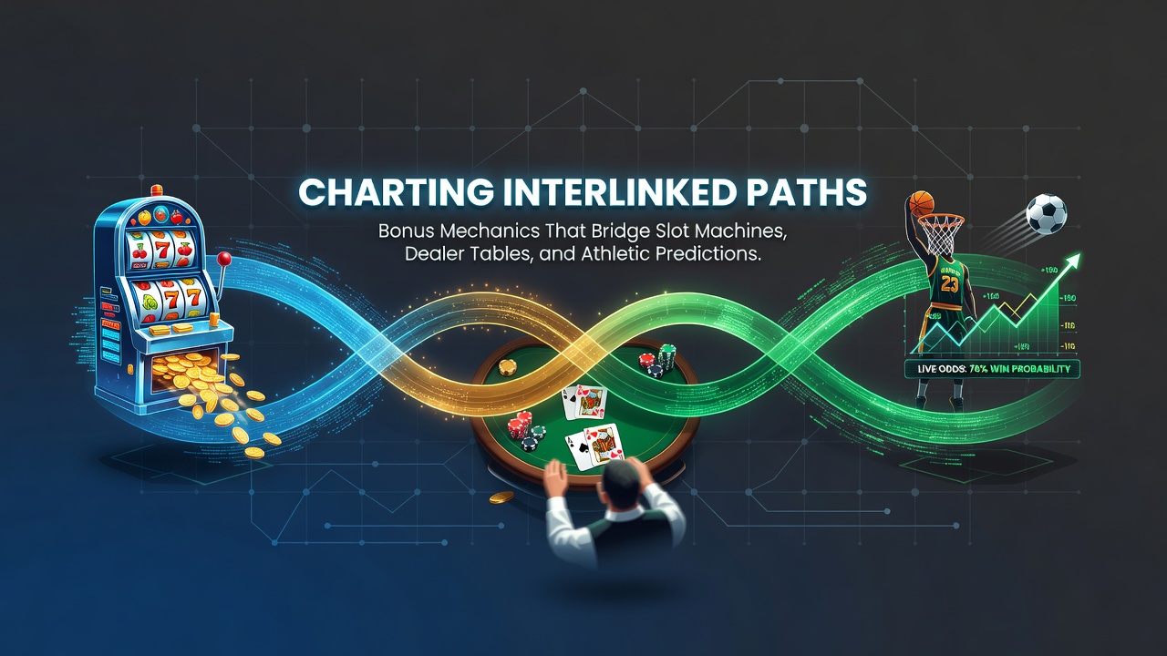 Interconnected paths linking slot machines, dealer tables, and sports prediction interfaces through bonus systems