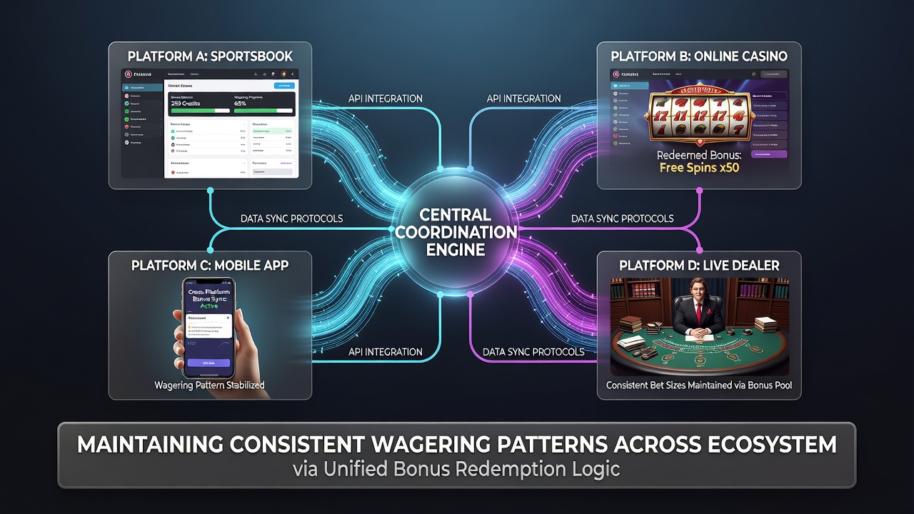 Player interface displaying coordinated wagering calendars and bonus allocation charts across devices