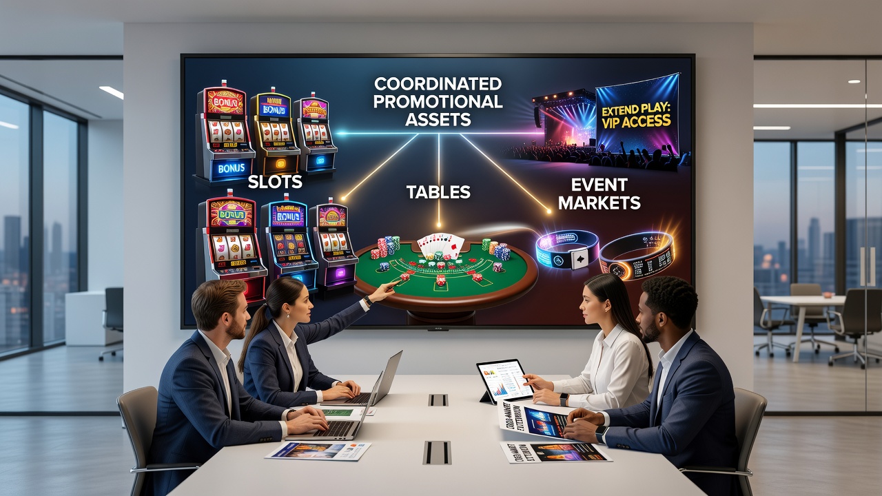 Casino floor showing coordinated promotional displays linking slot machines and table game areas