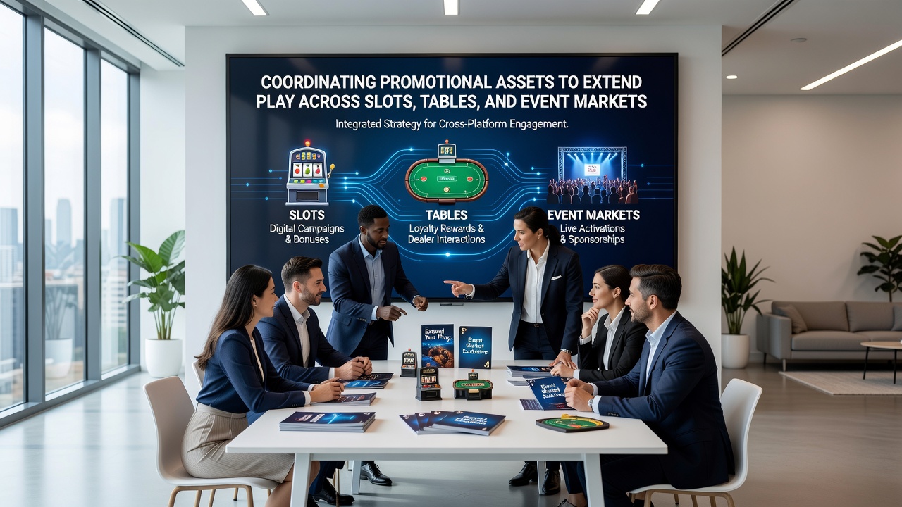 Event marketing setup connecting table tournaments with slot promotions and live sports betting stations