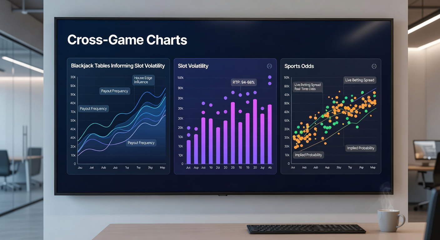 Digital dashboard displaying interconnected charts from blackjack tables, slot volatility graphs, and sports odds fluctuations