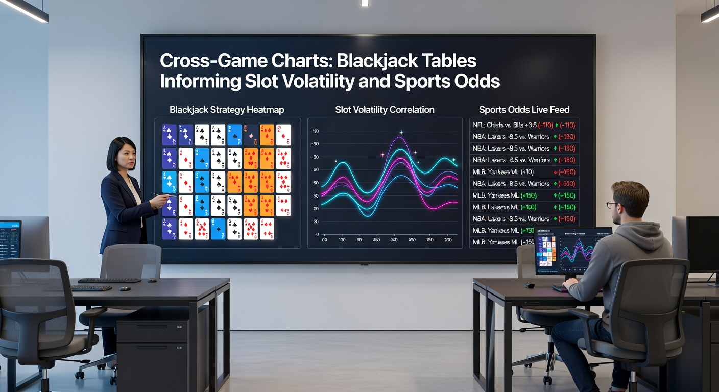 Close-up of a casino floor blending blackjack tables, glowing slot screens, and sportsbook monitors with overlaid data analytics charts
