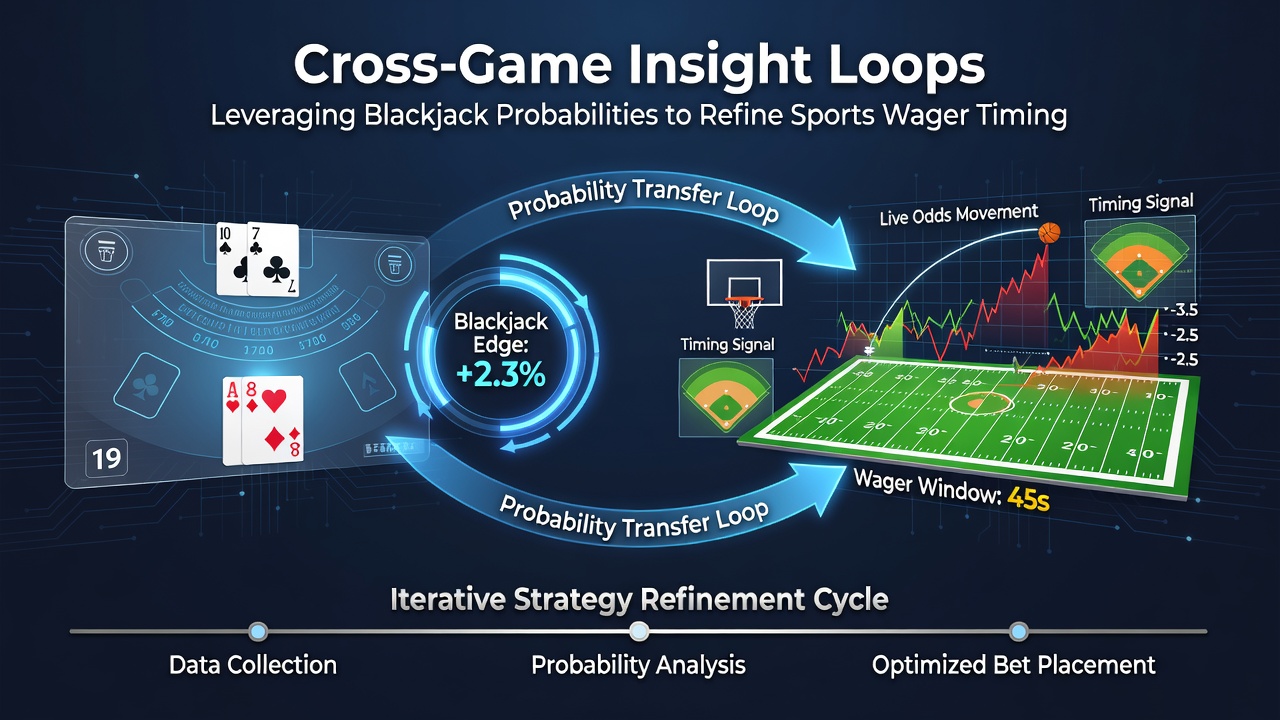 Blackjack table with probability charts overlaid next to a sports betting interface showing timing indicators