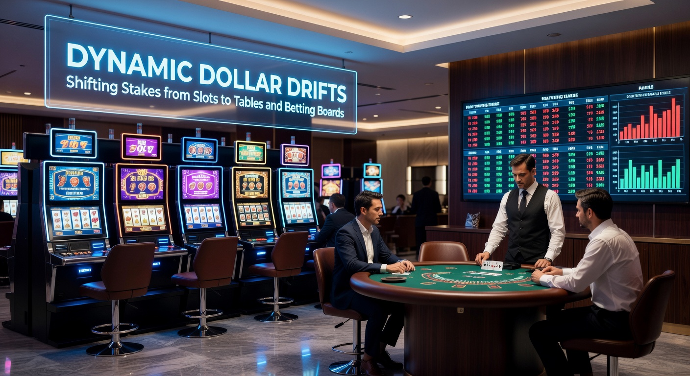 Casino floor showing vibrant slot machines transitioning to crowded blackjack tables and digital sportsbook screens