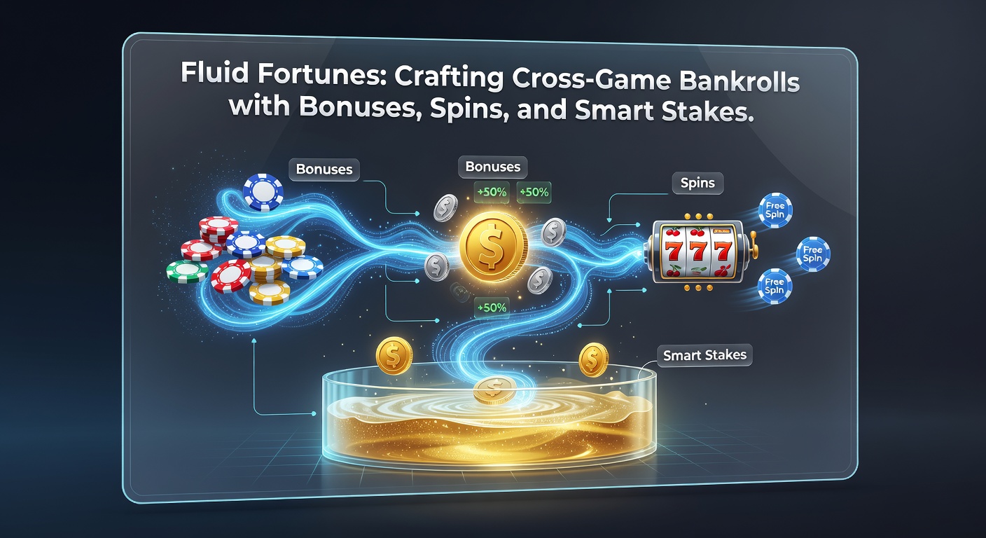 Dynamic graphic illustrating a bankroll flowing like liquid from slot reels through bonus wheels to poker tables and betting slips, with arrows showing value transfer