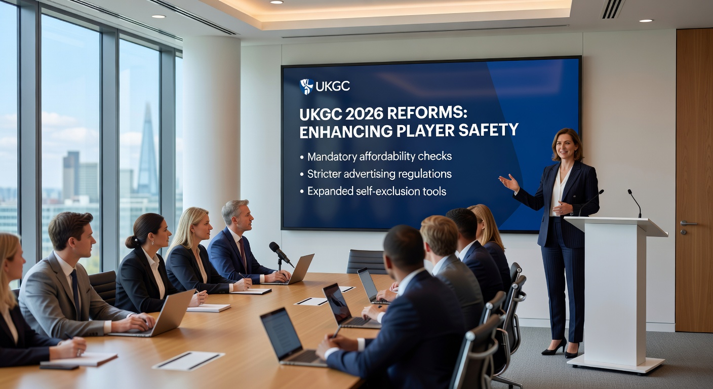 Graphic of slot machine reels with regulatory limit icons and age-based stake barriers overlaid on a UK flag backdrop