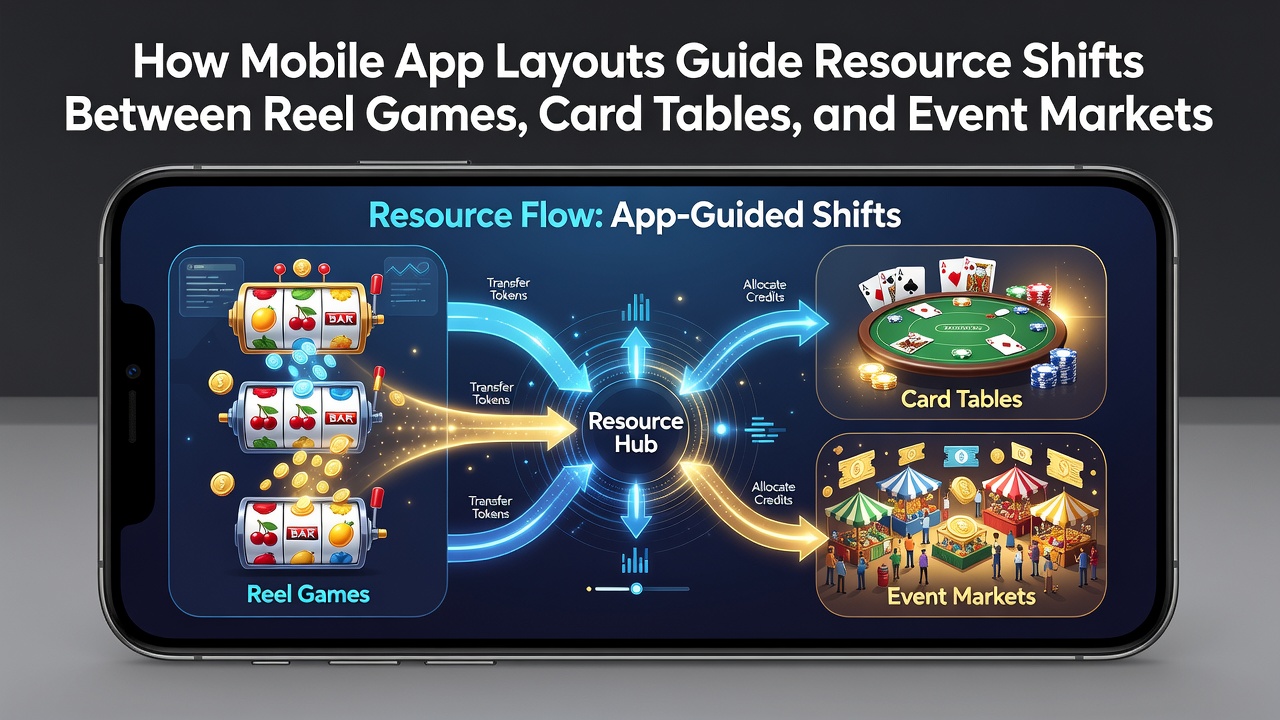 Mobile app interface showing navigation between slot reels, card tables, and event betting sections