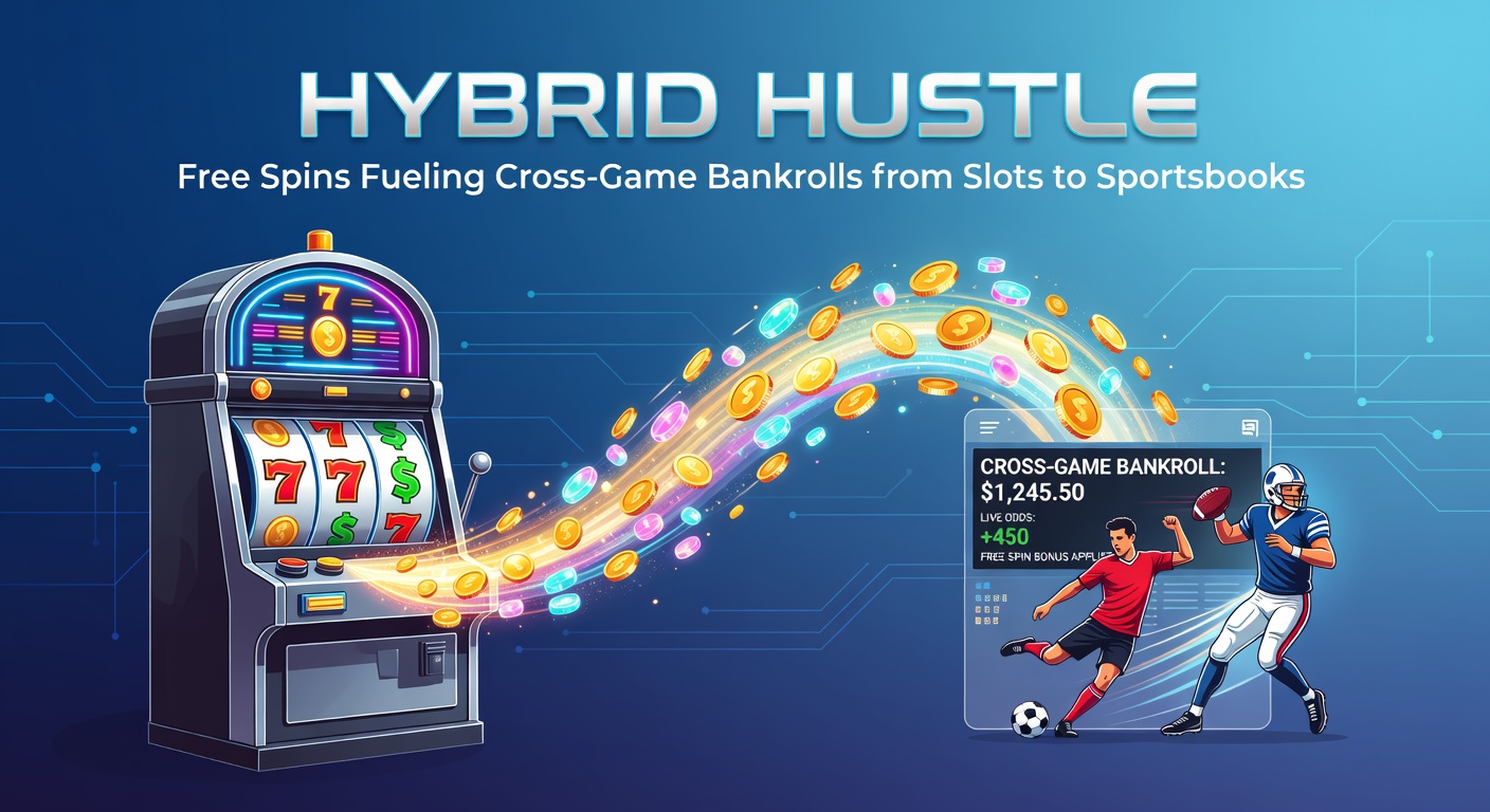 Vibrant slot machine reels spinning with free spin symbols transitioning into a sportsbook betting interface, illustrating cross-game bankroll strategies