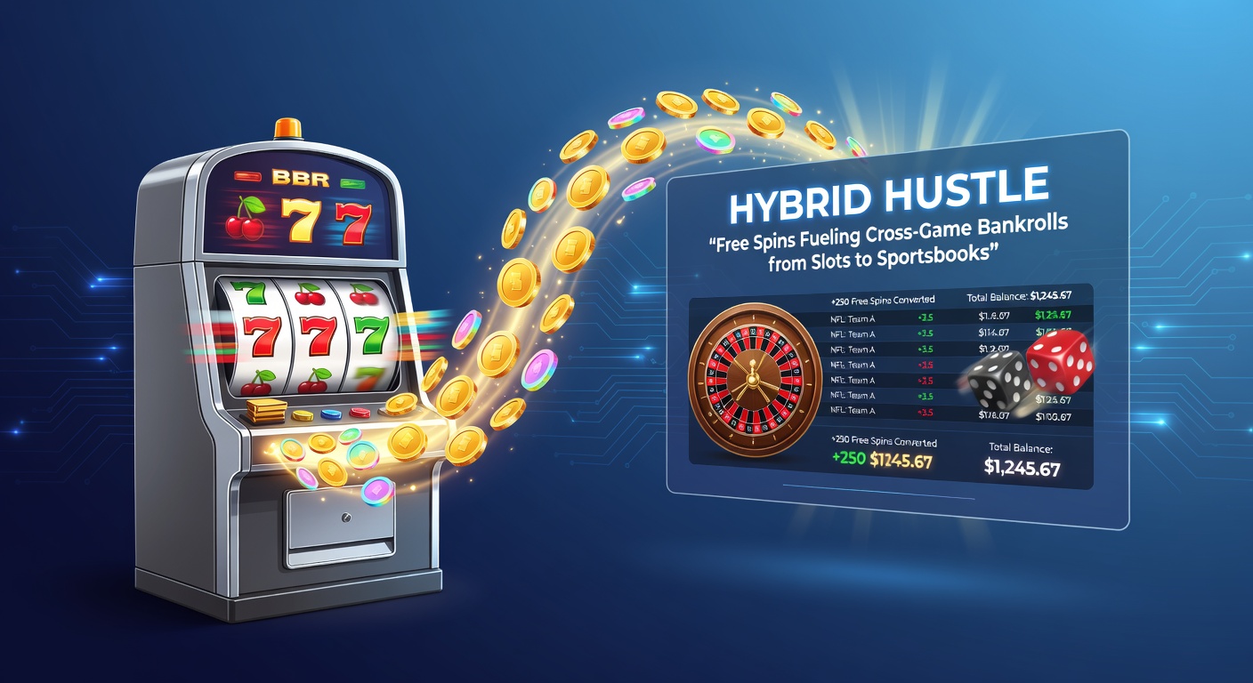 Dynamic graphic of a bankroll growing from colorful slot free spins icons flowing into sportsbook odds boards and betting slips, symbolizing hybrid strategies