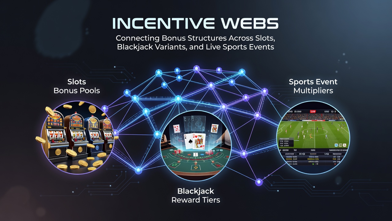Diagram showing interconnected bonus pathways between slot machines, blackjack tables, and sports betting interfaces