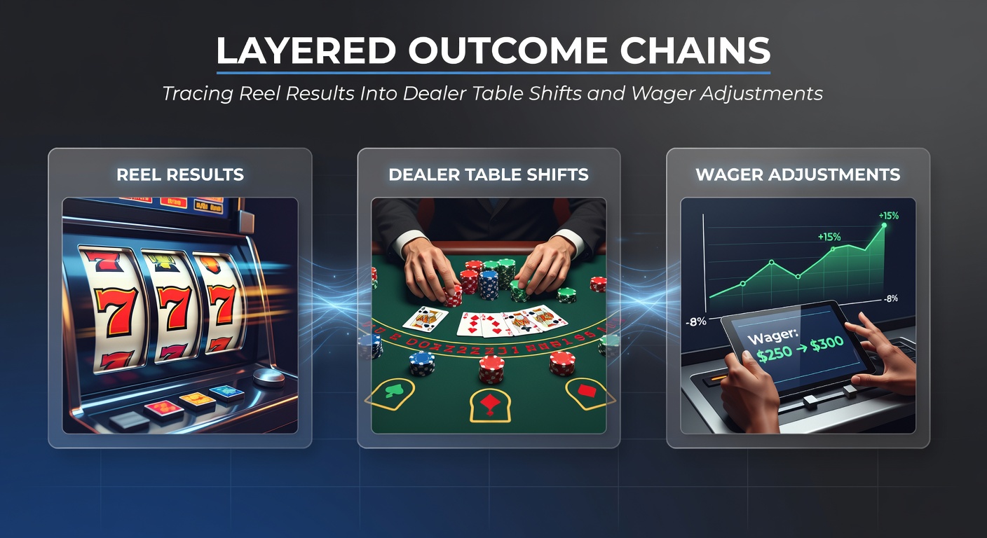 Visual representation of slot reel outcomes feeding into live dealer table decisions and wager adjustments across casino floors