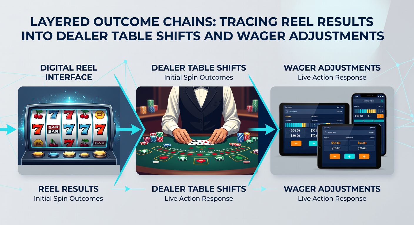 Infographic showing layered outcome chains connecting slot reel data to live dealer table shifts and dynamic wager changes