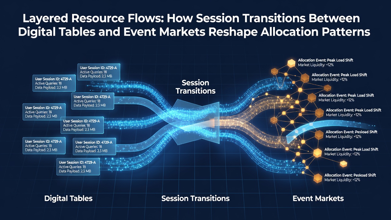 Illustration of layered resource flows showing transitions between digital gaming tables and event markets with allocation pattern diagrams