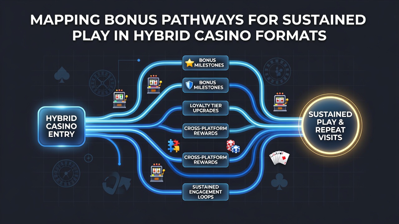 Overview of bonus mapping pathways across hybrid casino platforms including slots, live dealers, and sportsbooks