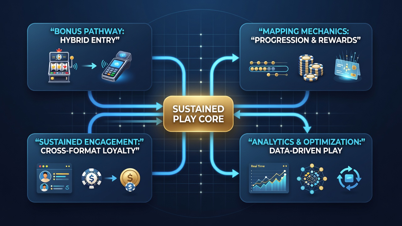 Detailed diagram showing bonus flow between slot tournaments, live dealer tables, and sportsbook events in hybrid formats