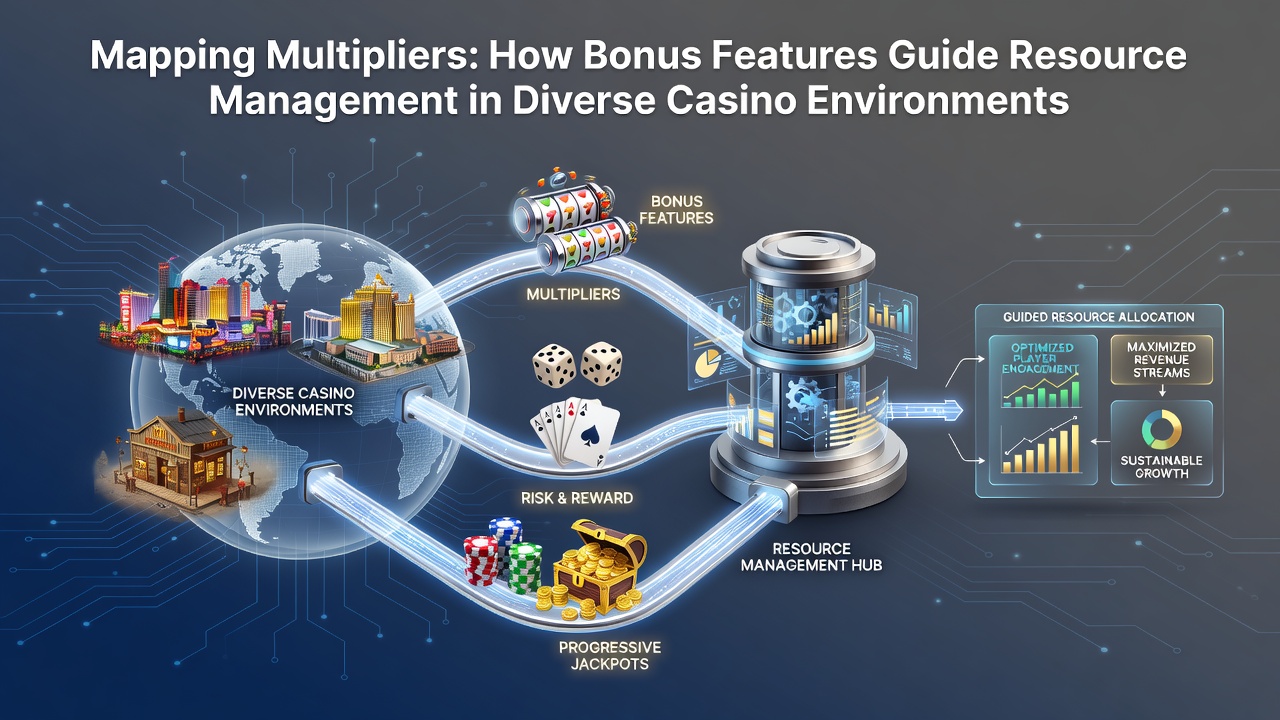 Diagram showing multiplier mechanics overlaid on slot reels and bankroll allocation charts in a casino setting