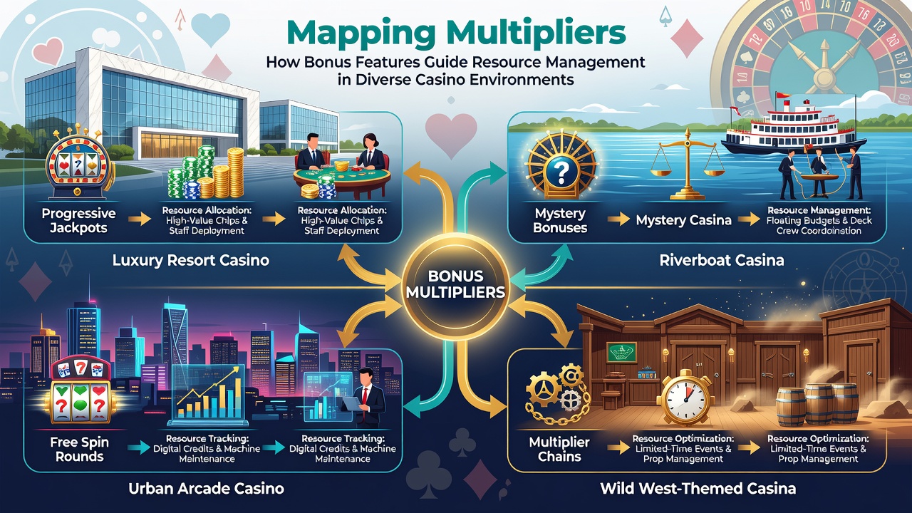Casino floor layout with highlighted bonus feature zones and player flow patterns between slot banks and table sections