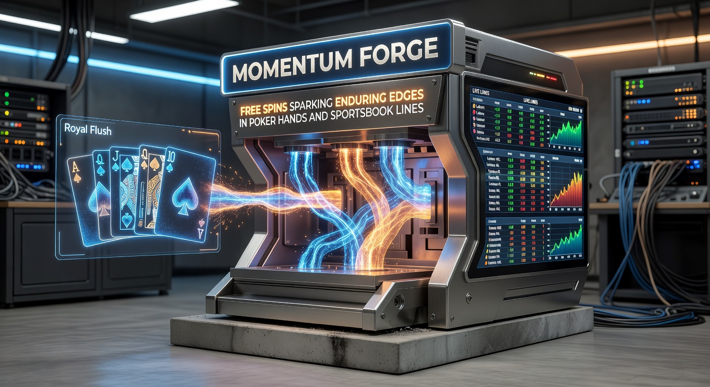 Sportsbook betting slips overlaid on poker hands and glowing slot free spins symbols, symbolizing strategic momentum bridging slots, poker, and sports wagering