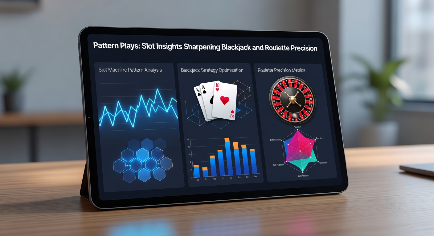 Close-up of a blackjack table with cards and chips, next to roulette wheel, symbolizing strategic pattern application across table games