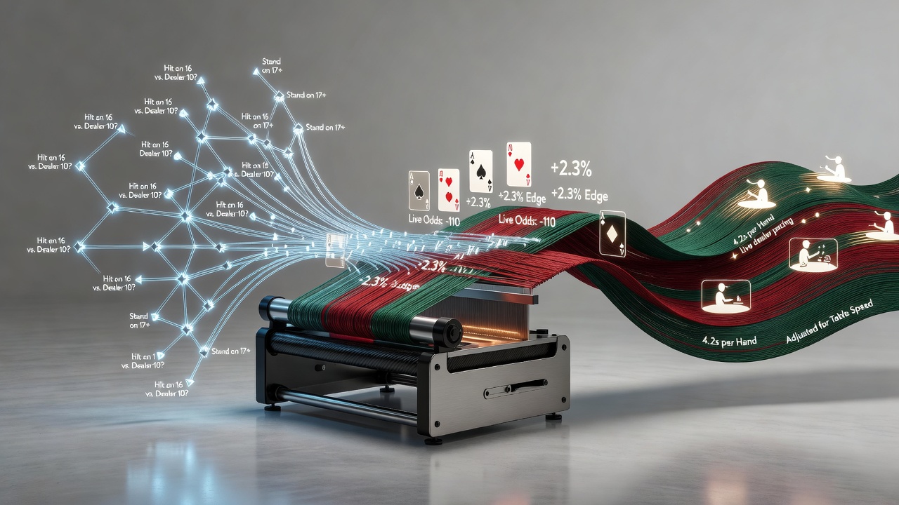 Blackjack decision tree diagram overlaid with live dealer table pacing indicators and sportsbook betting interface