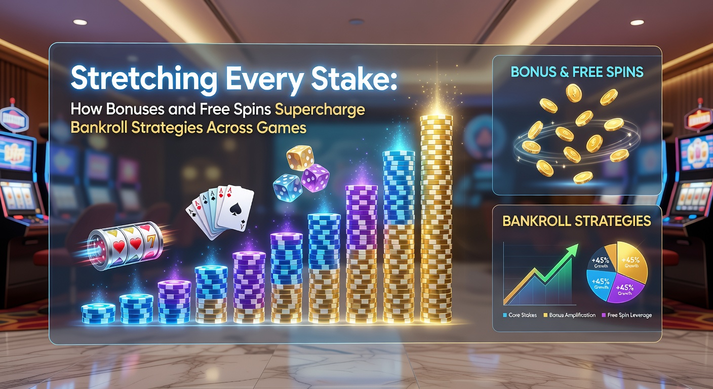 Casino player analyzing bankroll on screen with bonus icons overlayed, illustrating extended playtime through promotions