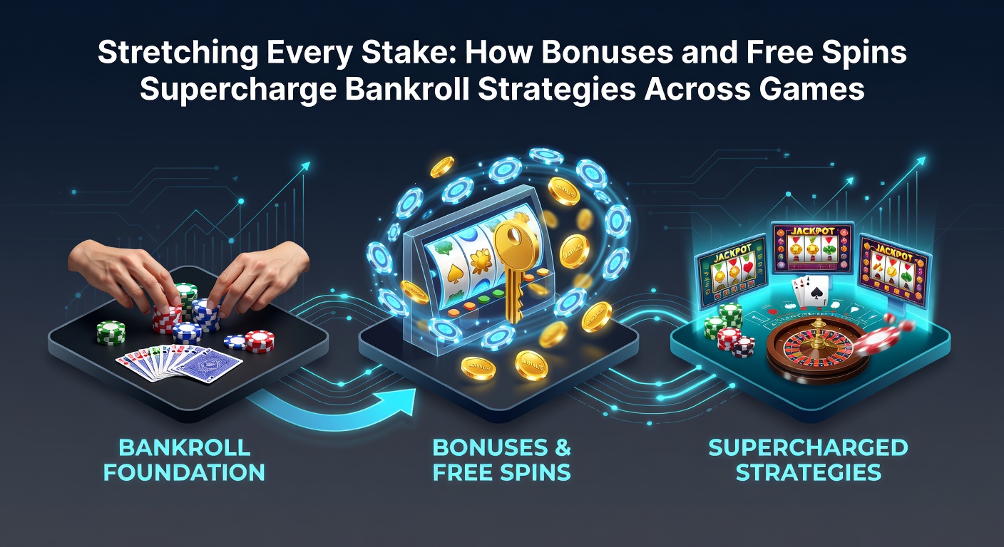 Dynamic graphic of free spins cascading into extended slot reels alongside bankroll charts showing growth curves