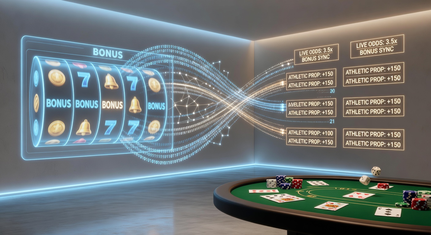 Digital slot reels displaying synchronized bonus indicators alongside sports betting interfaces and card table layouts