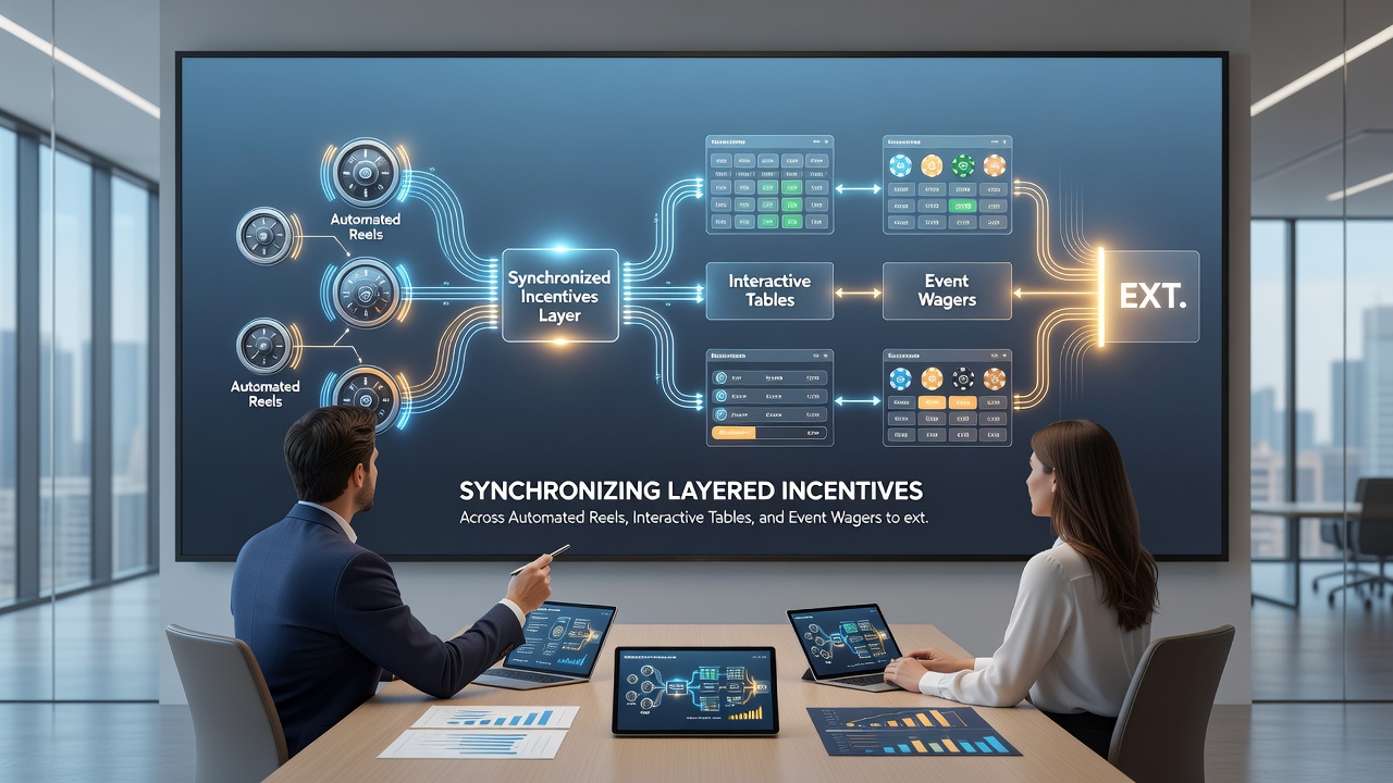 Digital dashboard displaying real-time incentive synchronization between reels, tables, and wagers