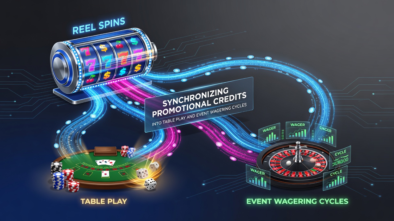 Diagram showing promotional credit flow from slot machines to table games and sports betting events