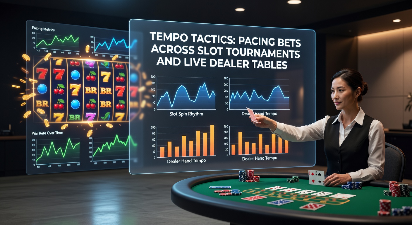 Dynamic casino scene showing slot tournament players and live dealer blackjack table in action, highlighting bet pacing strategies