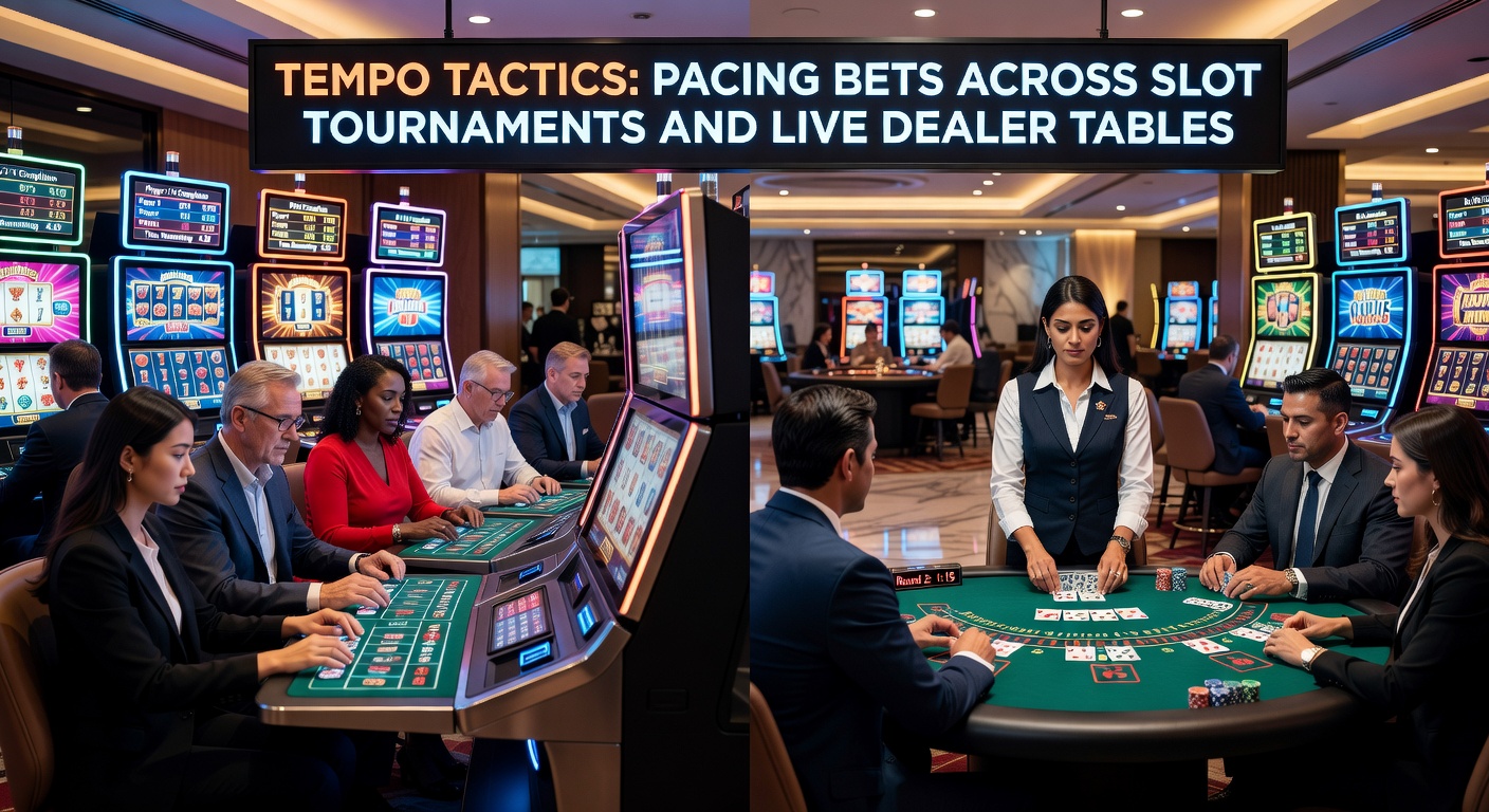 Close-up of a player's hand placing chips on a live dealer table next to a slot tournament leaderboard, illustrating cross-game bet pacing