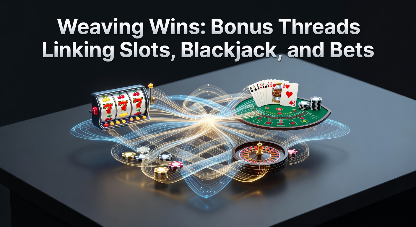 Vibrant casino floor showing slots, blackjack tables, and betting screens interconnected by glowing bonus threads